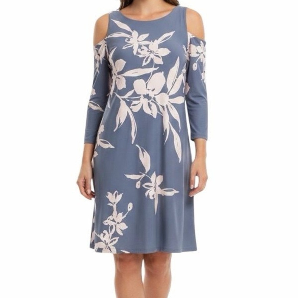 American Living Cold Shoulder Dress‎ Women 10 Gray Pink Floral Floral Print